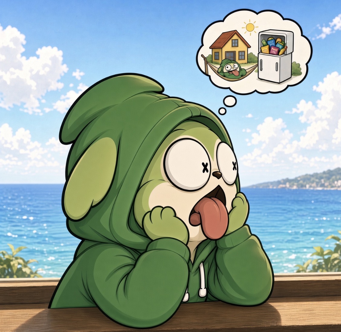 Gloob daydreaming about a sunny home and a fridge full of snacks